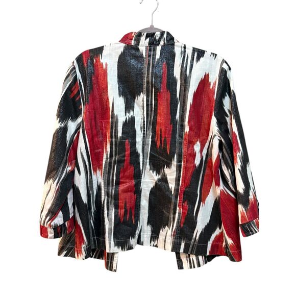 Chicos Jacket Womens Size 2 Large Red Black White Linen Blend Ikat Print Open Fr - Picture 2 of 6